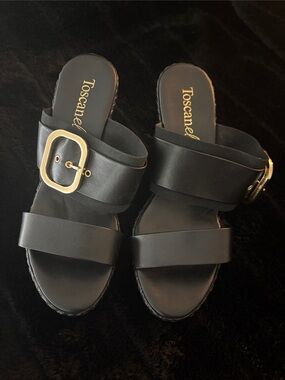 New Black Slide wedge heels with Gold Buckle